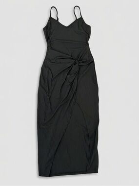 NWOT Black Bodycon Maxi Dress High Side Slit Black Ribbed Twist Knot Size Lg